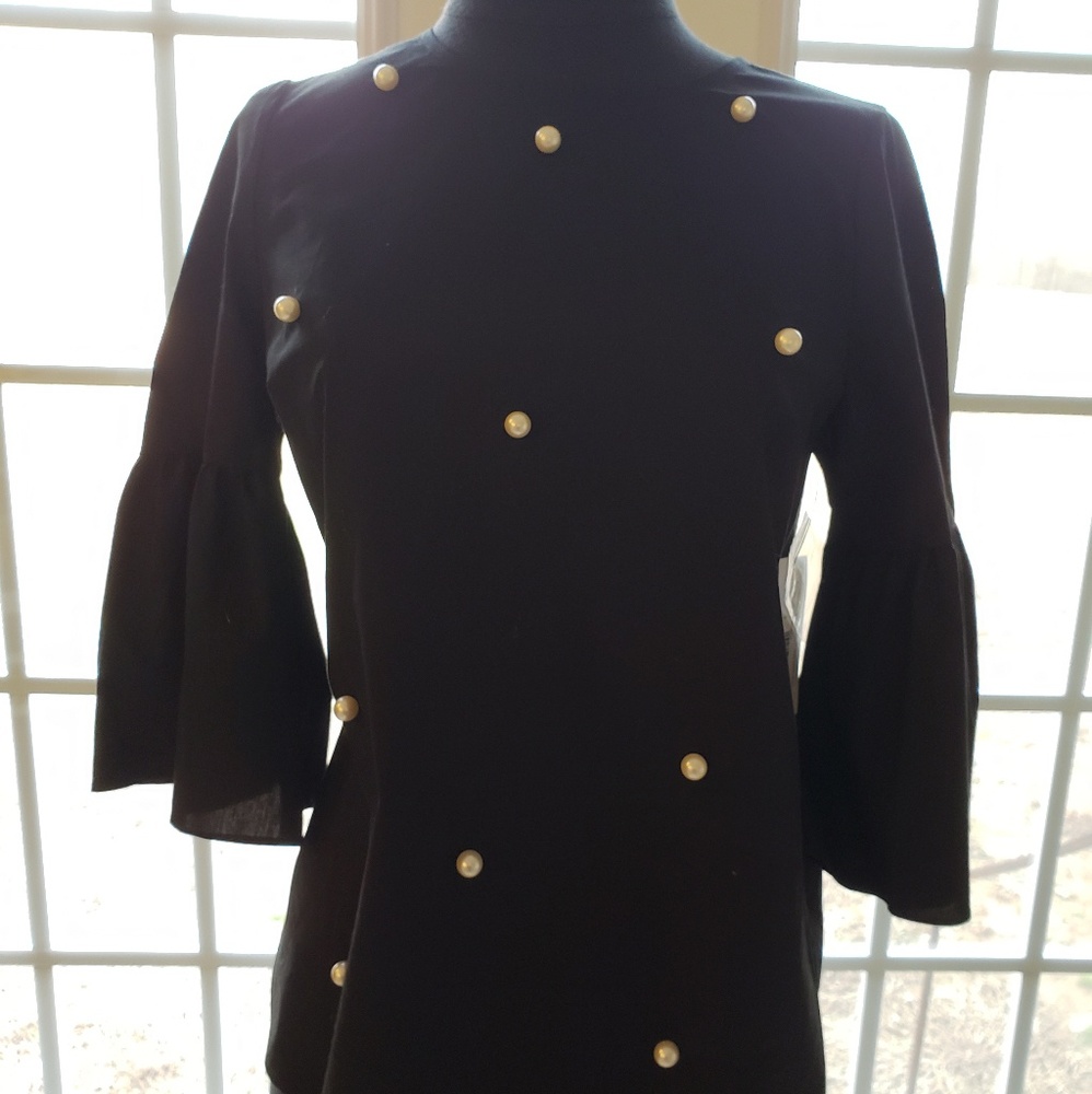 NWT Black Top with Pearl Embellishments